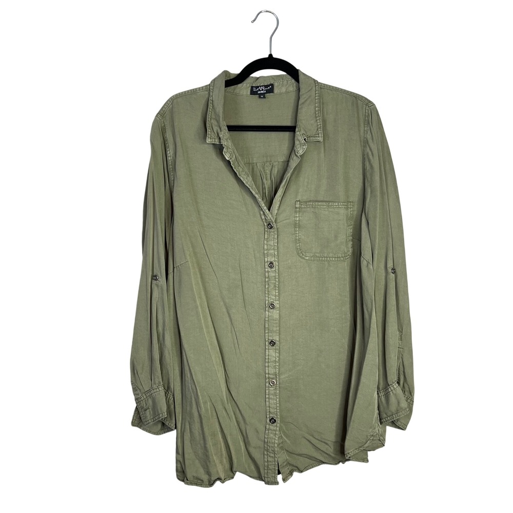 Velvet Heart Button Front Shirt Plus Sz 2X Olive Green Tencel Roll Tab Long NEW